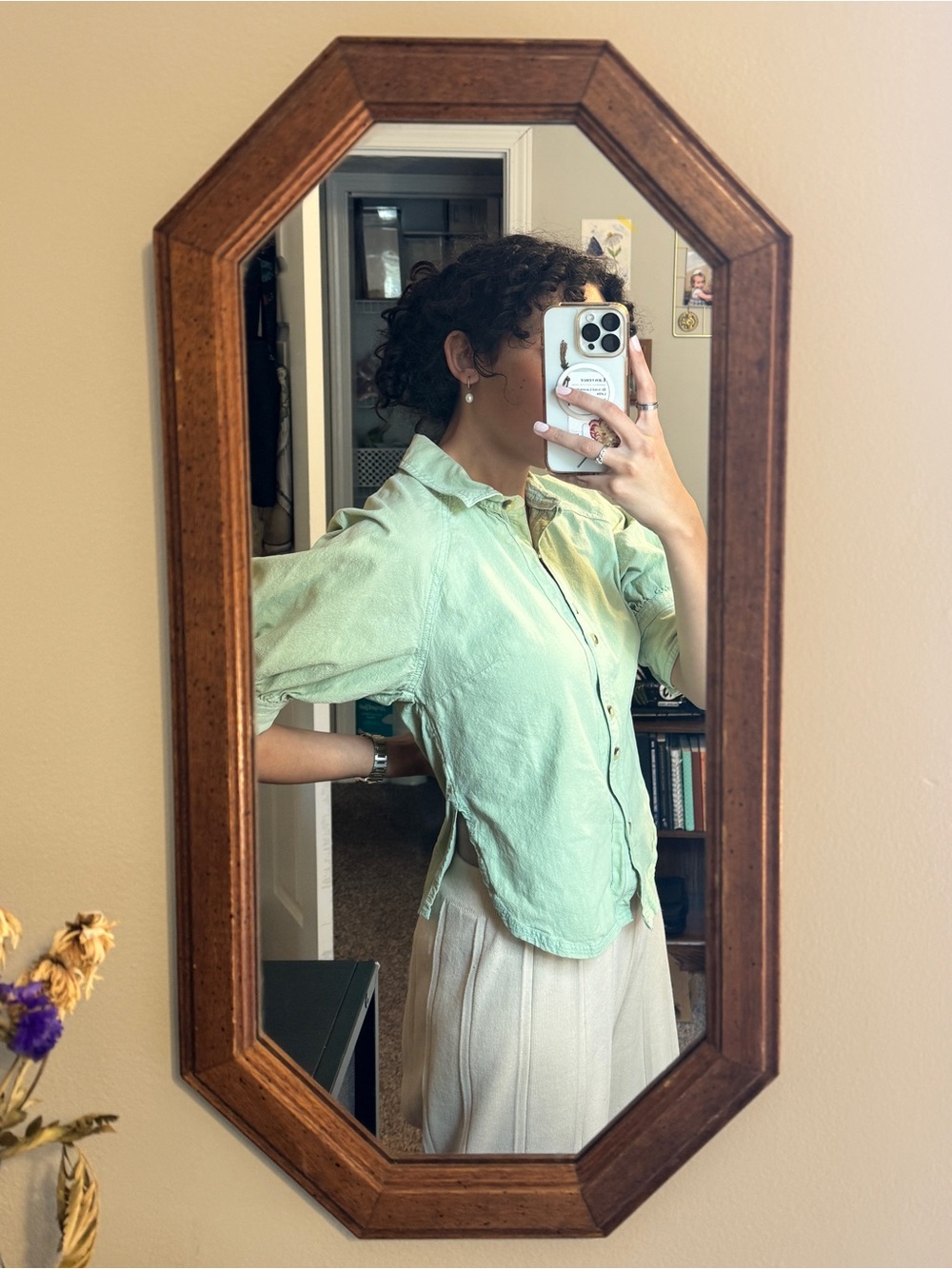 Free People Ellie Pale Green Button-Front Top